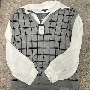 Academia Grey and black plaid white chiffon blouse with sweater detailing